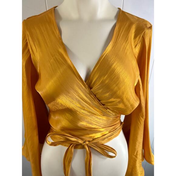 Akira Chicago Wrap Blouse in Marigold. Size Large. - Picture 3 of 5